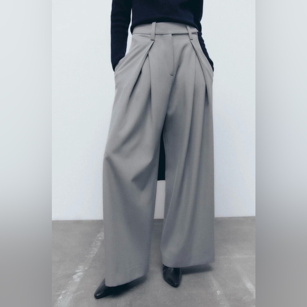 Zara light grey oversized wide pleated pants trousers wool blend darts NWT S